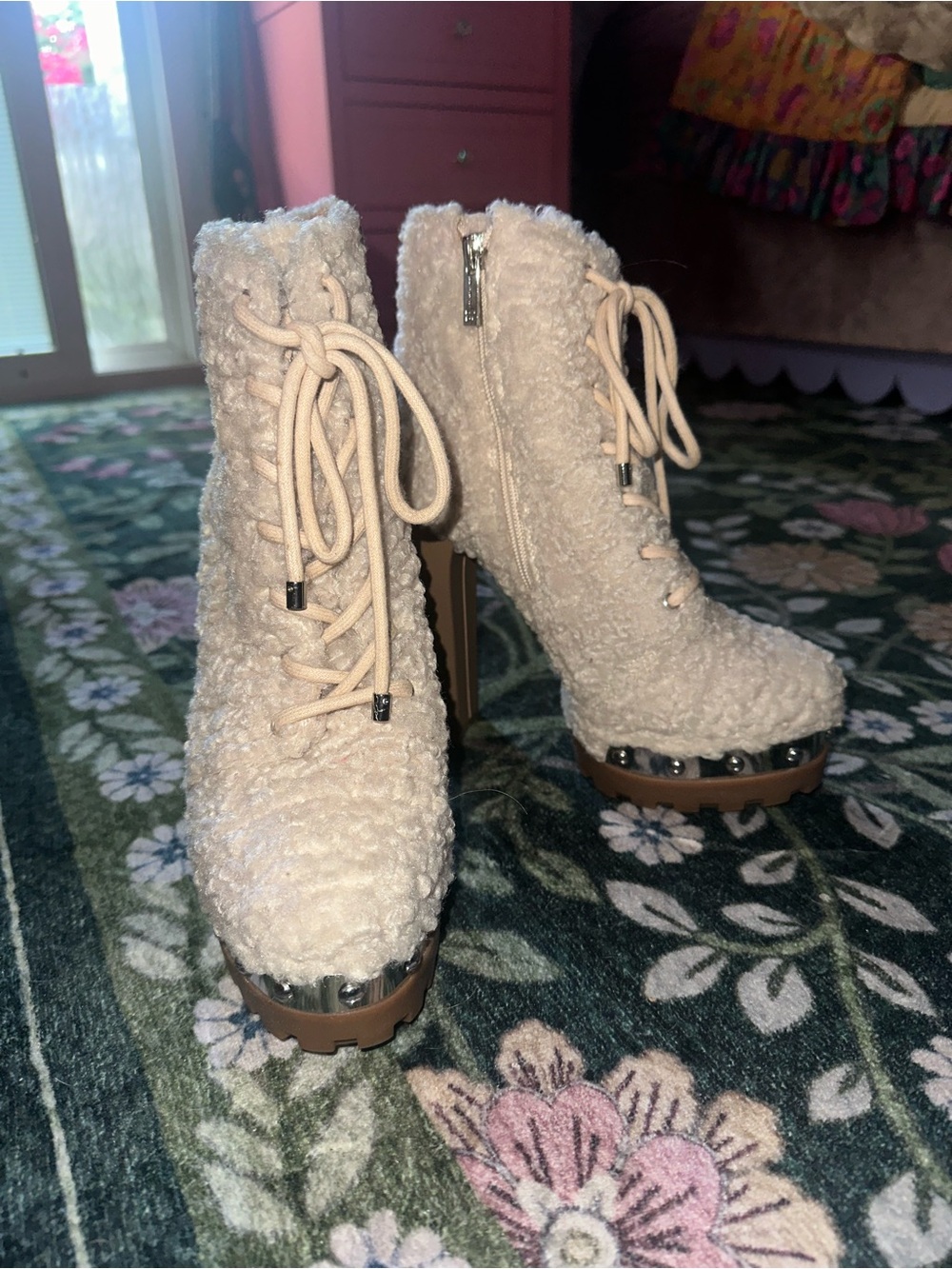 Jessica Simpson Cream Sherpa Lace-Up Platform Ankle Boots with Block Heel - Picture 3 of 10